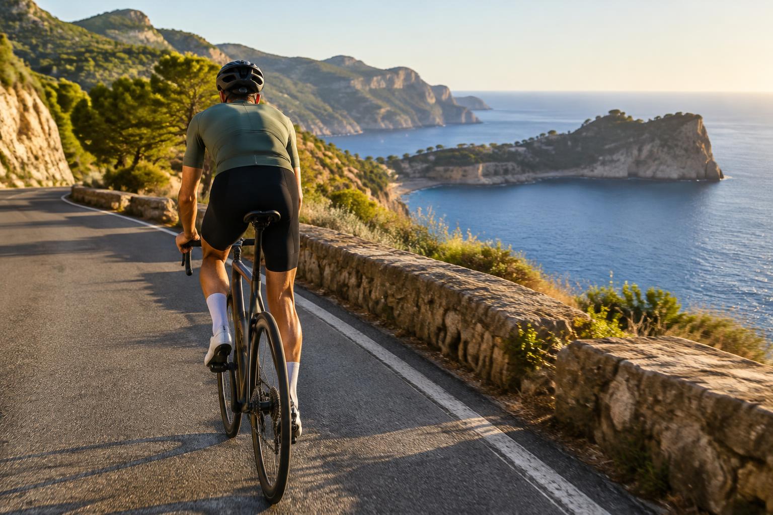 Cyclist recording a coastal road in Mallorca
